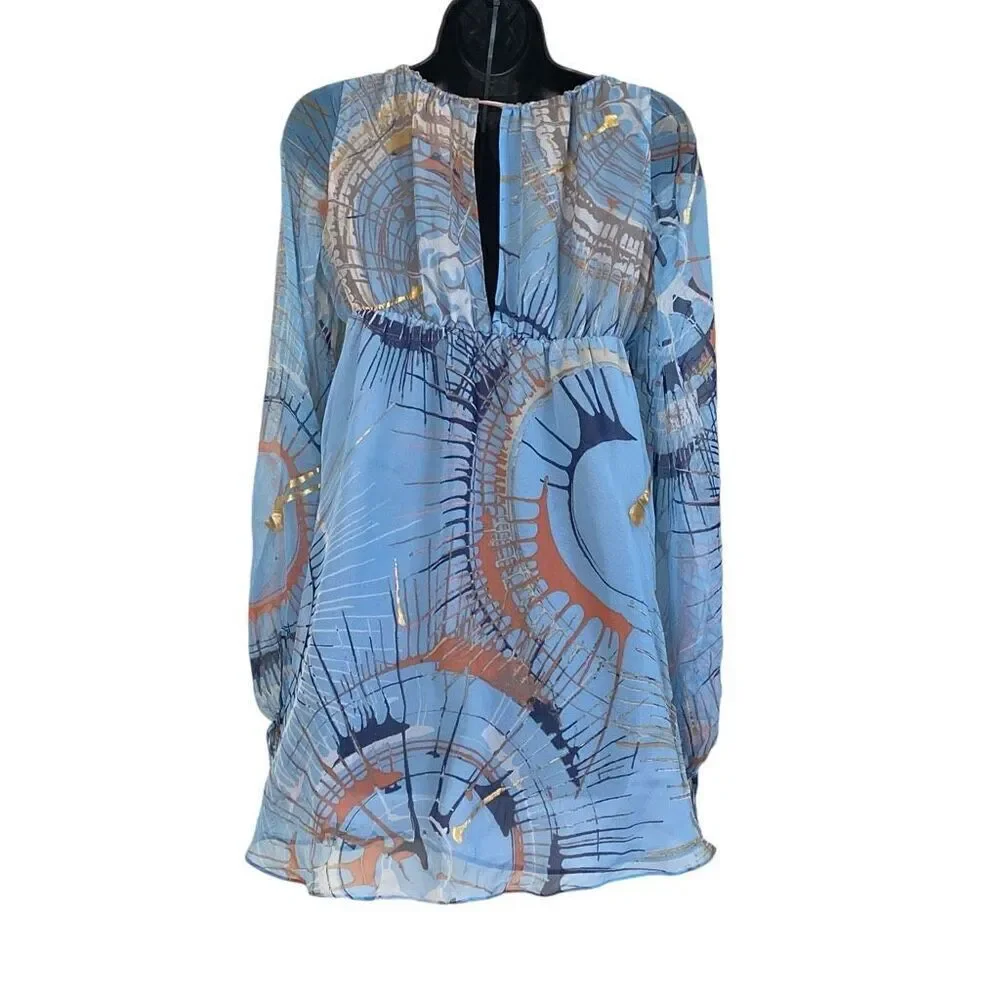 Vintage La Rox Blue Silk Metallic Long Sleeve Babydoll Evening Mini Dress Size L